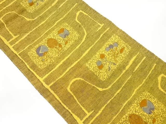 手織り紬変わり横段に抽象草花模様織出し名古屋帯